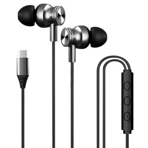 C Type Earphones Wired, 13mm Bass Drivers Earphone, Inline Control Type c Headphones with Mic, IPX5 Water Resistant, Comfort Fit Type c Earphone with Volume Control, Metallic c pin Earphones